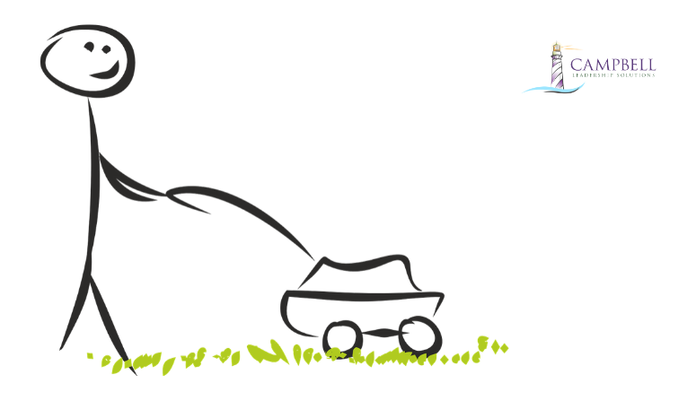 A drawn figure mowing the lawn